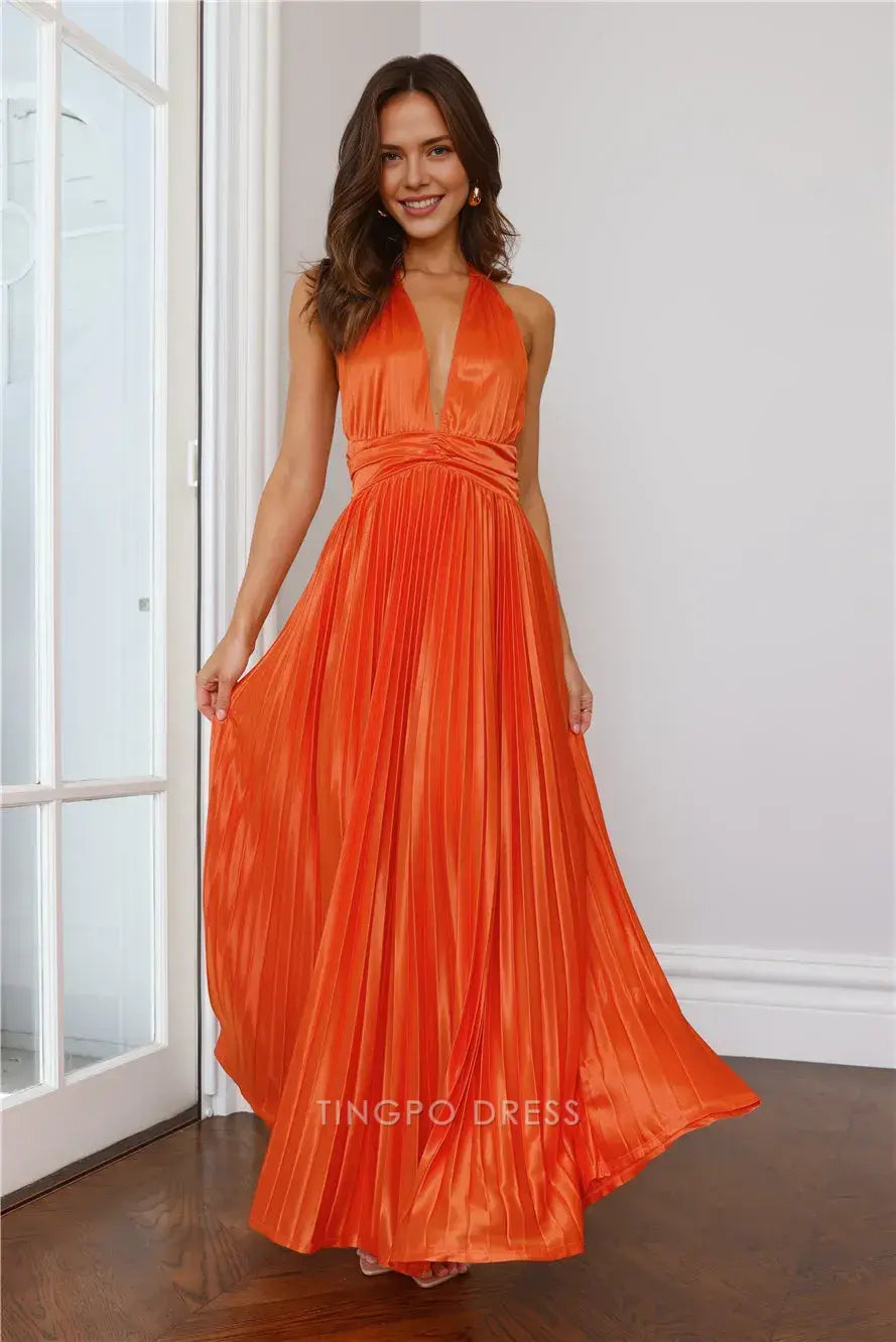 Elegant Halter Neck Deep V - Neck Pleated Maxi Dress with Open Back Prom Dress